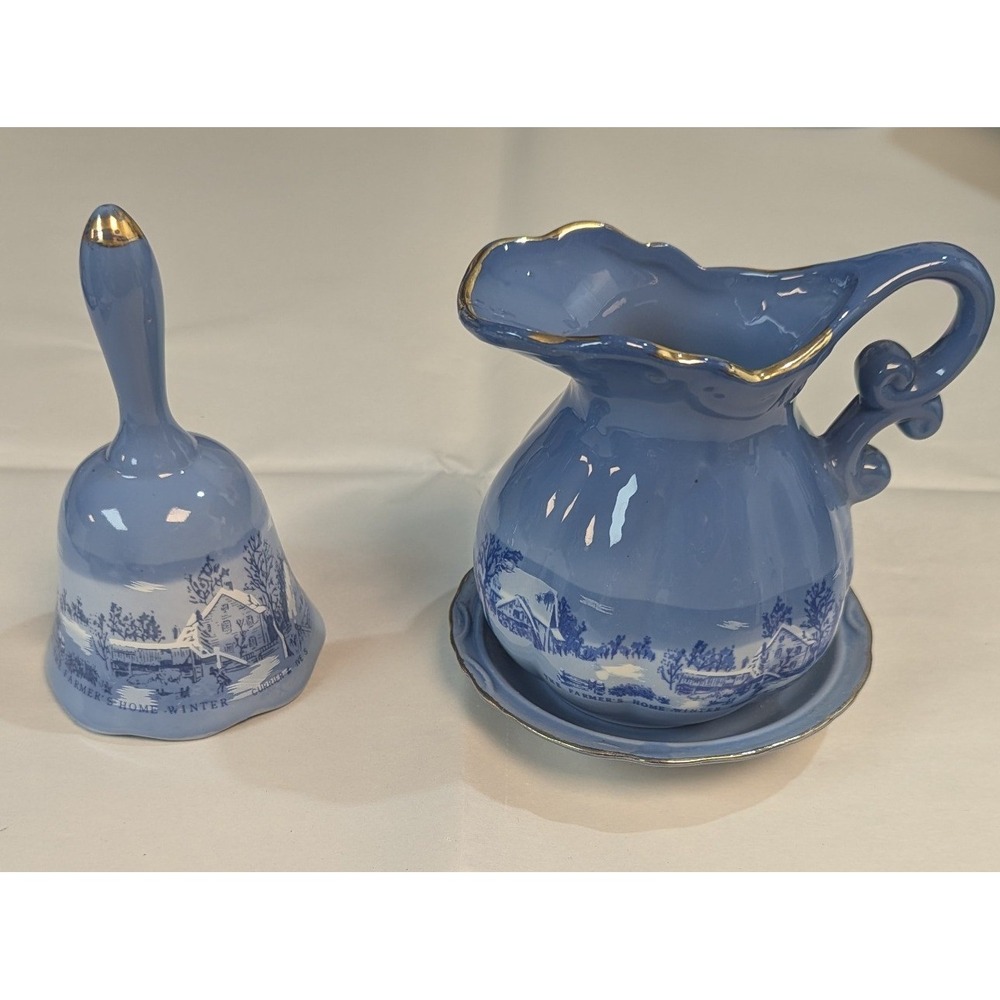 Currier & Ives Pitcher Saucer Bell Set Blue Ceramic Winter Scene Gold Trim